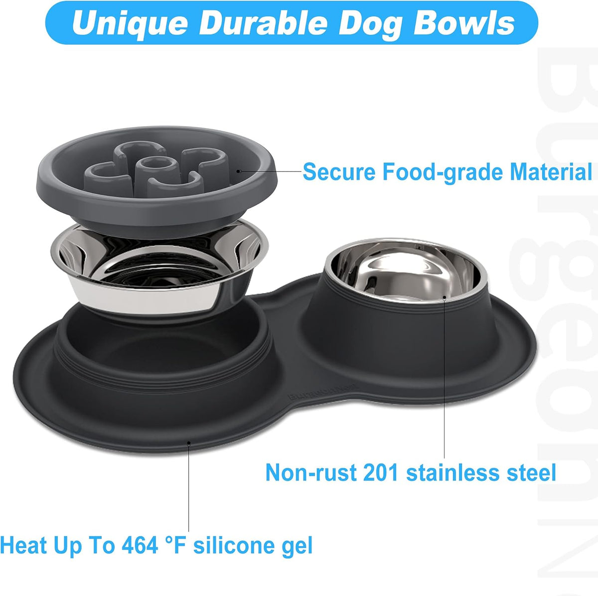 4-in-1 Dog Bowl Set: Slow Feeder, Steel Bowls & Silicone Mat