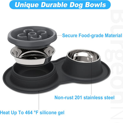 4-in-1 Dog Bowl Set: Slow Feeder, Steel Bowls & Silicone Mat