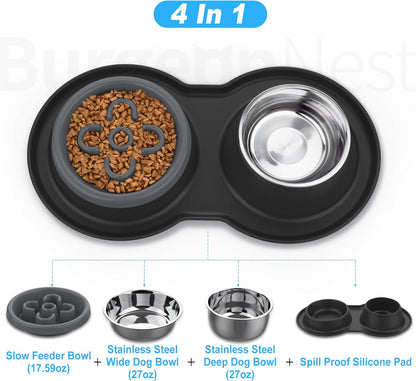 4-in-1 Dog Bowl Set: Slow Feeder, Steel Bowls & Silicone Mat