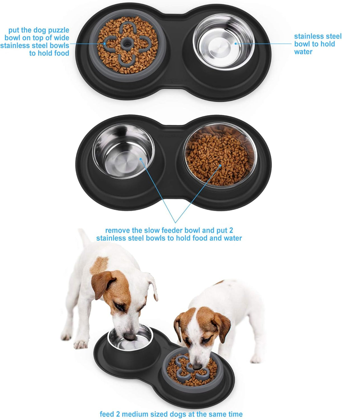 4-in-1 Dog Bowl Set: Slow Feeder, Steel Bowls & Silicone Mat