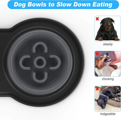 4-in-1 Dog Bowl Set: Slow Feeder, Steel Bowls & Silicone Mat