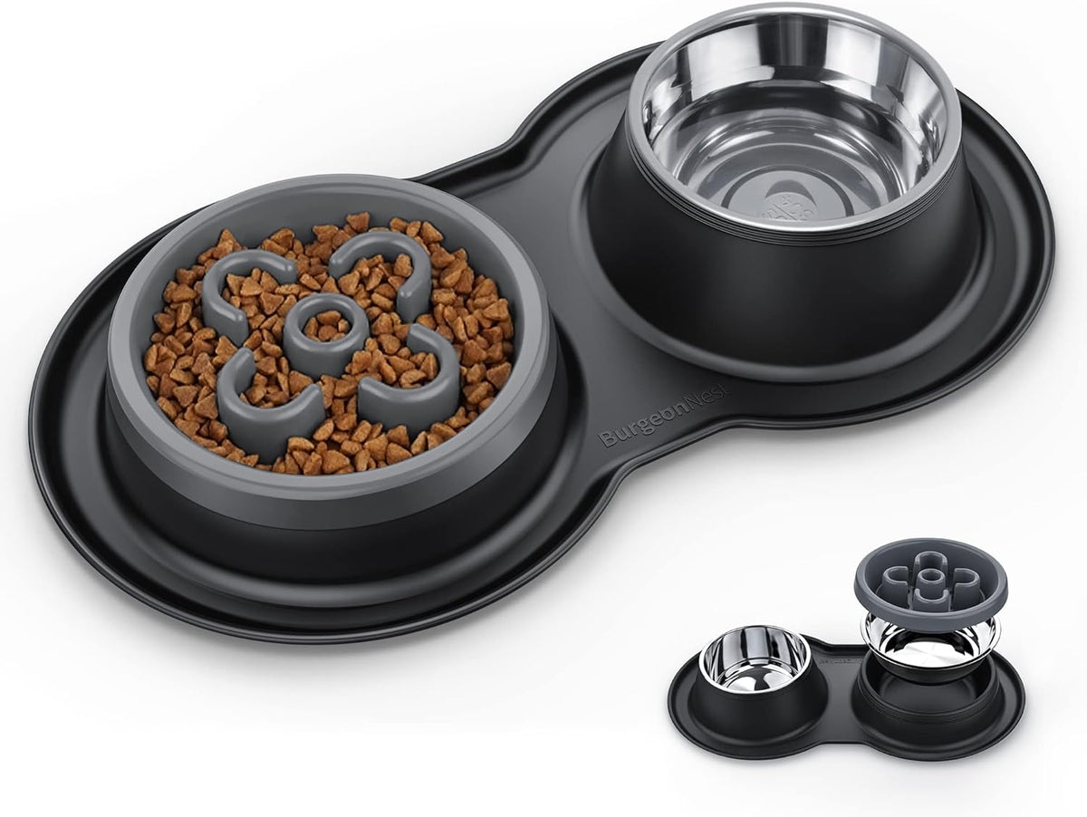 4-in-1 Dog Bowl Set: Slow Feeder, Steel Bowls & Silicone Mat