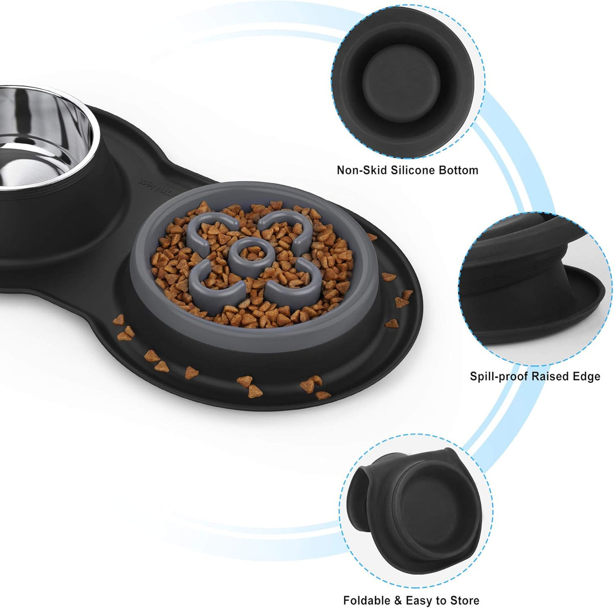 4-in-1 Dog Bowl Set: Slow Feeder, Steel Bowls & Silicone Mat